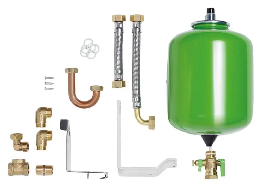 Verschiedene Bauteile und Zubehör für ein Heizsystem, einschließlich eines grünen Ausdehnungsgefäßes, Rohren und Armaturen, geeignet für Vaillant Anwendungen.